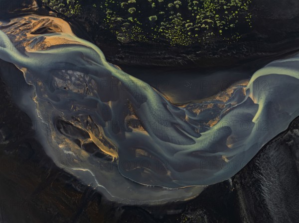 River, river course, river delta, branches, aerial view, wild river, summer, marshland, sediments, South Iceland, Iceland