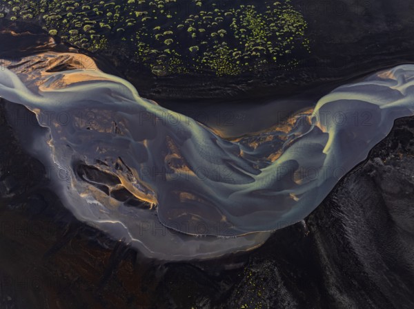 River, river course, river delta, branches, aerial view, wild river, summer, marshland, sediments, South Iceland, Iceland