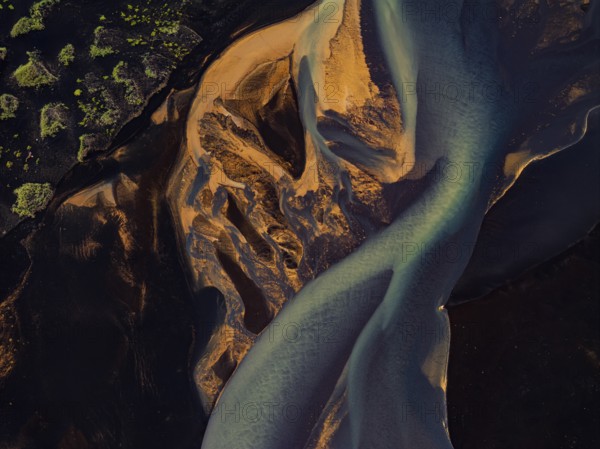 River, river course, river delta, branches, aerial view, wild river, summer, marshland, sediments, South Iceland, Iceland