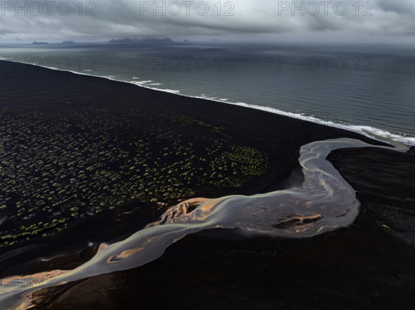 River, river course, river delta, branches, aerial view, wild river, summer, marshland, sediments, South Iceland, view of Westman Islands, Iceland