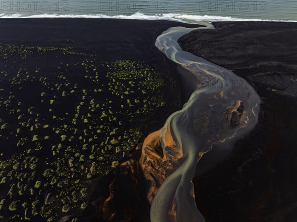 River, river course, river delta, branches, aerial view, wild river, summer, marshland, sediments, South Iceland, Iceland