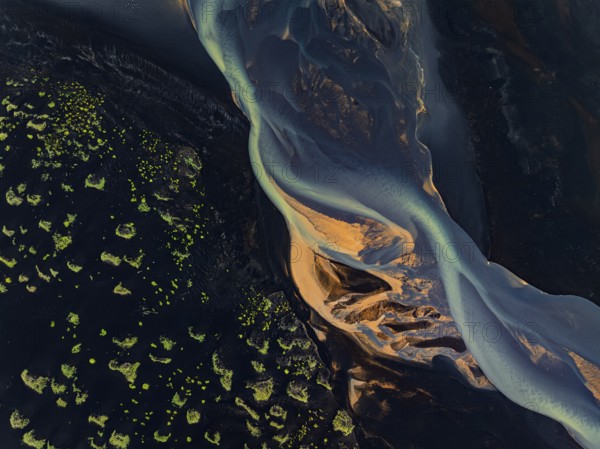 River, river course, river delta, branches, aerial view, wild river, summer, marshland, sediments, South Iceland, Iceland