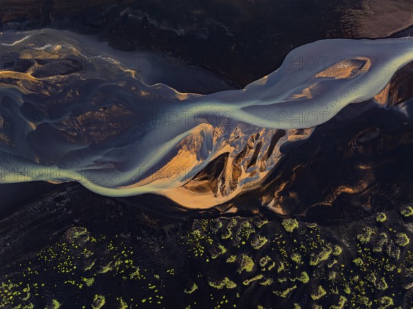 River, river course, river delta, branches, aerial view, wild river, summer, marshland, sediments, South Iceland, Iceland
