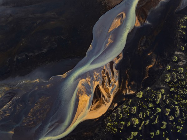 River, river course, river delta, branches, aerial view, wild river, summer, marshland, sediments, South Iceland, Iceland