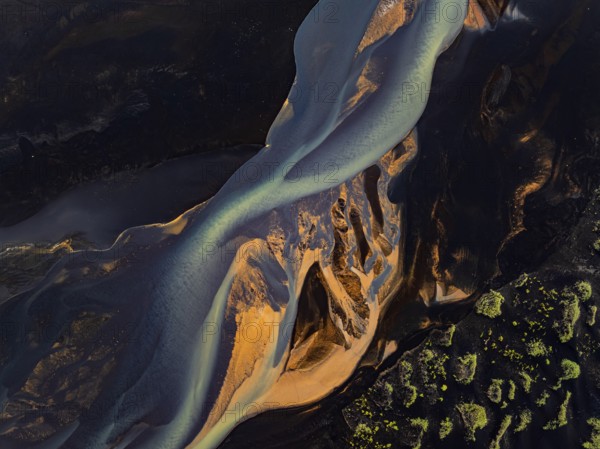 River, river course, river delta, branches, aerial view, wild river, summer, marshland, sediments, South Iceland, Iceland