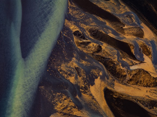 River, river course, river delta, branches, aerial view, wild river, summer, marshland, sediments, South Iceland, Iceland