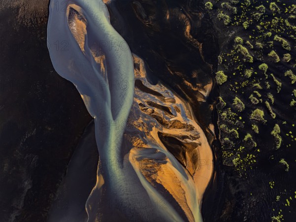 River, river course, river delta, branches, aerial view, wild river, summer, marshland, sediments, South Iceland, Iceland