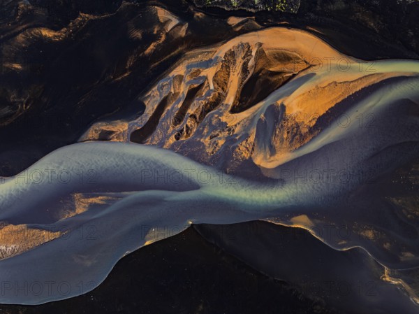 River, river course, river delta, branches, aerial view, wild river, summer, marshland, sediments, South Iceland, Iceland
