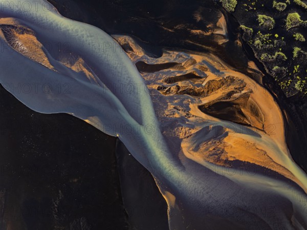 River, river course, river delta, branches, aerial view, wild river, summer, marshland, sediments, South Iceland, Iceland