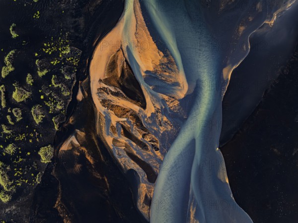 River, river course, river delta, branches, aerial view, wild river, summer, marshland, sediments, South Iceland, Iceland