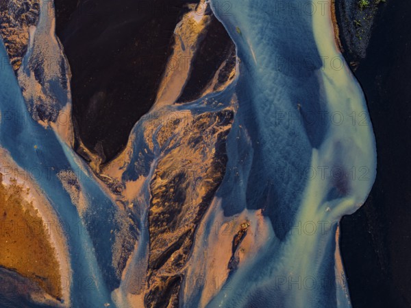 River, river course, river delta, branches, aerial view, wild river, summer, marshland, sediments, South Iceland, Iceland