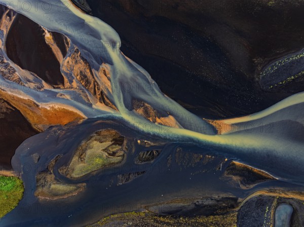 River, river course, river delta, branches, aerial view, wild river, summer, marshland, sediments, South Iceland, Iceland