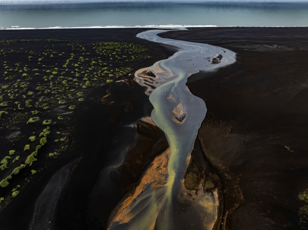 River, river course, river delta, branches, aerial view, wild river, summer, marshland, sediments, South Iceland, Iceland