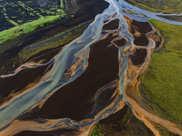 River, river course, river delta, branches, aerial view, wild river, summer, marshland, sediments, South Iceland, Iceland