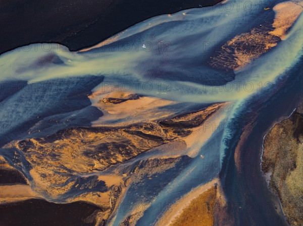 River, river course, river delta, branches, aerial view, wild river, summer, marshland, sediments, South Iceland, Iceland