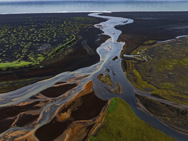 River, river course, river delta, branches, aerial view, wild river, summer, marshland, sediments, South Iceland, Iceland