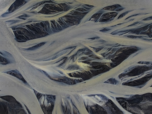 River, river course, river delta, branches, aerial view, wild river, summer, South Iceland, Iceland