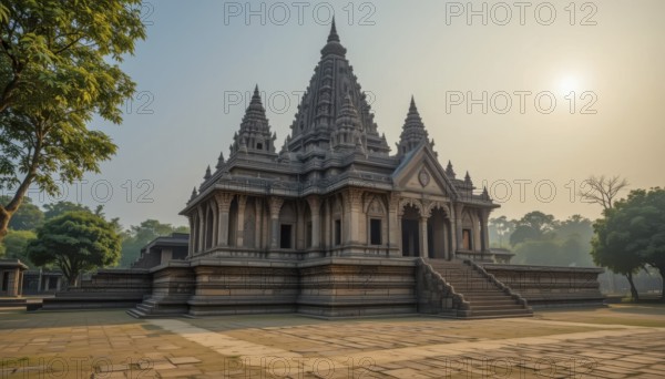 A majestic ancient temple stands proudly amidst a tranquil landscape, bathed in the warm glow of the sun, evoking a sense of history and peace, AI generated