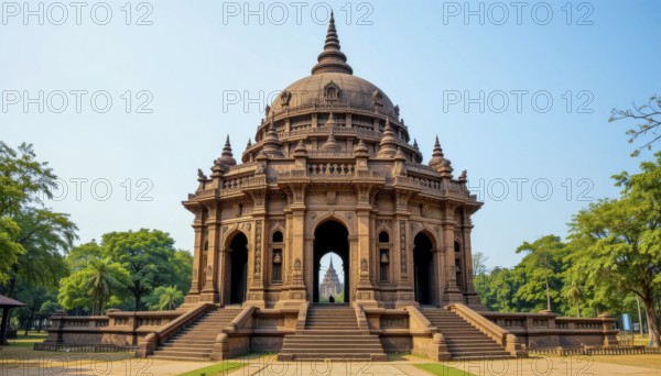 A stunning shot of a grand, ancient building with intricate details, set against a clear blue sky, showcasing its architectural beauty, AI generated