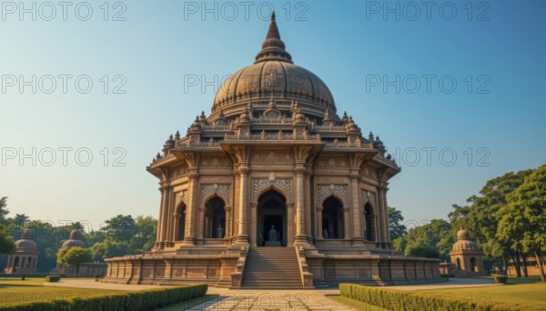 A majestic temple with intricate carvings and a large dome stands prominently against a clear blue sky, evoking a sense of history and grandeur, AI generated