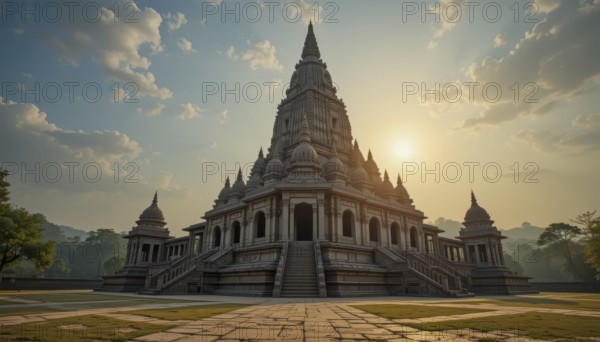 A grand, ancient temple stands majestically against a beautiful sunset, with intricate architecture and a serene atmosphere, AI generated