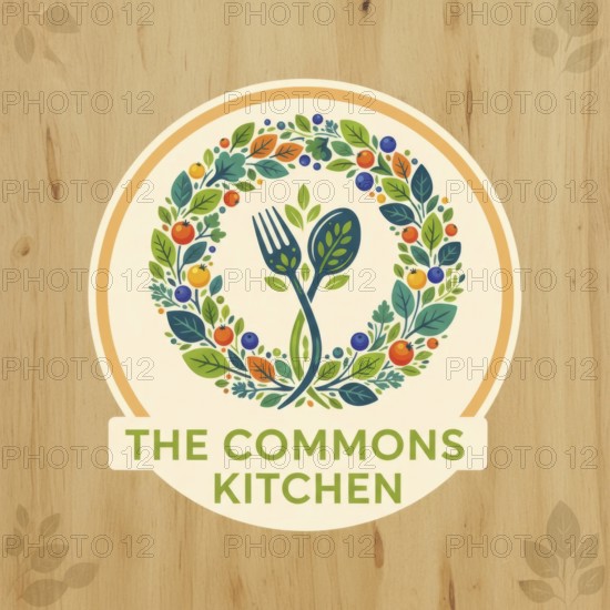 The Commons Kitchen logo is displayed with a fork and spoon design surrounded by leaves and berries, set against a wooden texture, AI generated