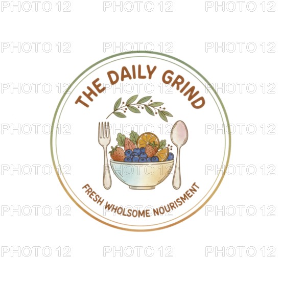 A watercolor-style logo for 'The Daily Grind' showcasing a bowl of blueberries, strawberries, and orange slices, promoting fresh and wholesome nourishment, AI generated