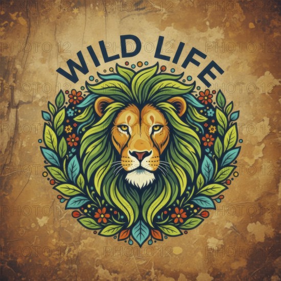 A colorful illustration features a lion's face surrounded by a wreath of leaves and flowers, set against a textured background, AI generated