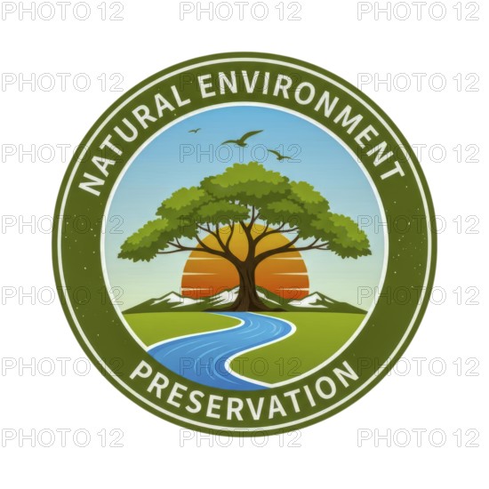 A circular logo design promoting natural environment preservation, featuring a tree, river, mountains, and a setting sun, with birds in the sky, AI generated