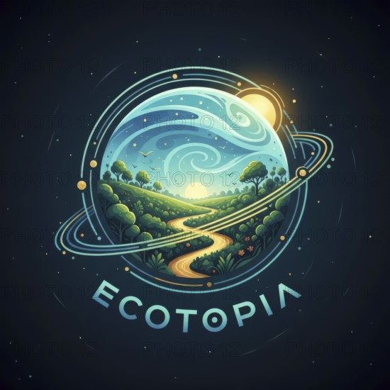 This artwork depicts a stylized planet with rolling hills, a winding road, and lush greenery, all enclosed within a circular frame, evoking a sense of harmony and sustainability, AI generated