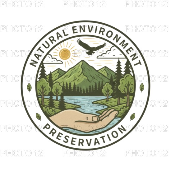 A circular emblem featuring a scenic landscape with mountains, a river, and a hand cradling the environment, promoting preservation, AI generated