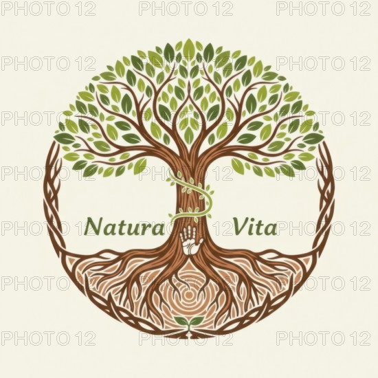 A detailed illustration of a tree of life logo, featuring intricate roots, branches, and leaves, with the words 'Natura Vita' inscribed, AI generated