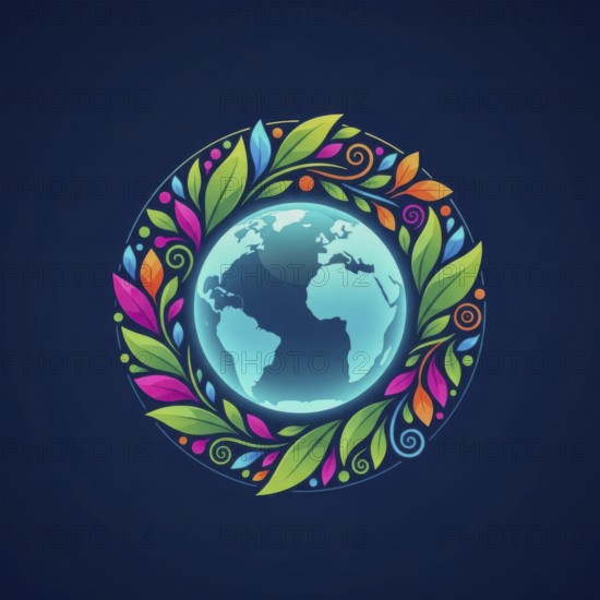 A vibrant illustration depicts the Earth encircled by a wreath of colorful leaves, symbolizing environmental conservation and global unity against a dark blue background, AI generated