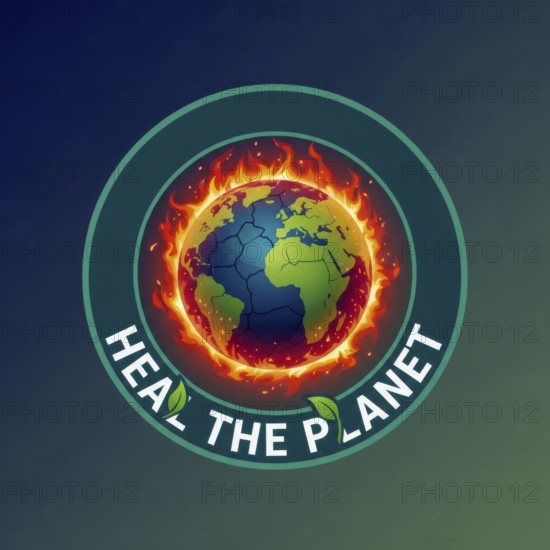 An illustration depicts the Earth engulfed in flames, symbolizing climate change, with the message 'Heal the Planet' encircling the globe, AI generated
