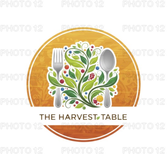 This logo showcases a fork and spoon flanking a lush arrangement of leaves and berries, all set within a warm, circular frame, perfect for a restaurant, AI generated