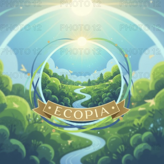 The image depicts a serene landscape with a winding river, surrounded by trees and a bright sun, all within a circular frame, promoting Ecopia, AI generated