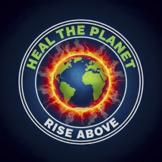 This image features a vibrant emblem with the words Heal the Planet and Rise Above surrounding a globe engulfed in flames, symbolizing environmental concerns, AI generated
