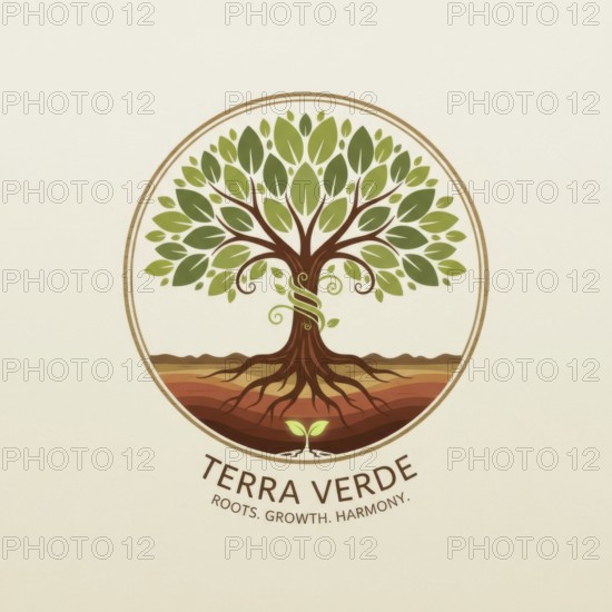 The Terra Verde logo features a stylized tree within a circle, representing roots, growth, and harmony. The design incorporates leaves, roots, and a spiral element, AI generated