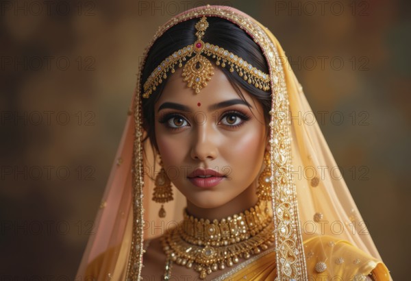 A stunning portrait of an Indian bride adorned in exquisite gold jewelry and a vibrant yellow sari, radiating elegance and grace, AI generated