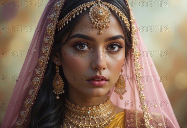 A stunning portrait of a young Indian woman adorned in exquisite gold jewelry and a pink veil, looking directly at the viewer, AI generated