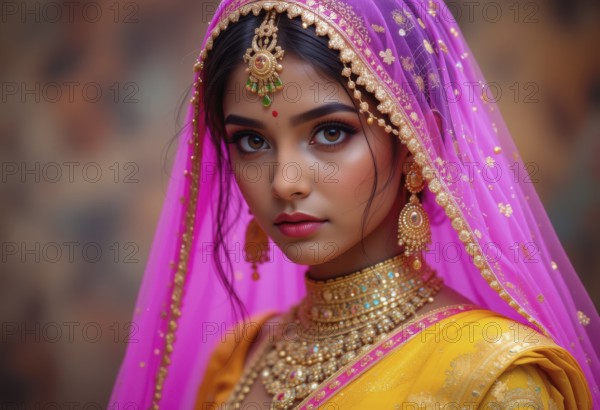 A stunning portrait of an Indian bride, showcasing her radiant beauty and intricate gold jewelry, with a pink veil, AI generated