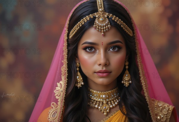 A stunning portrait of an Indian woman showcases her beauty, wearing a vibrant yellow saree and exquisite gold jewelry, with a pink veil, AI generated