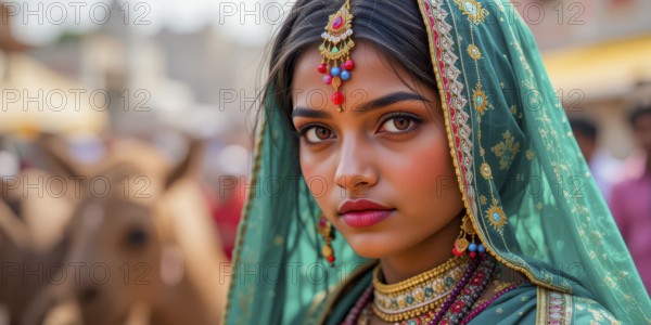 A stunning woman, adorned in vibrant green traditional Indian clothing and jewelry, exudes grace and beauty. The soft focus background adds depth, AI generated