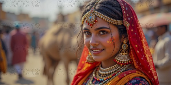 A stunning woman adorned in vibrant Indian clothing, including a red veil and ornate jewelry, smiles warmly. The background shows a bustling street scene, AI generated