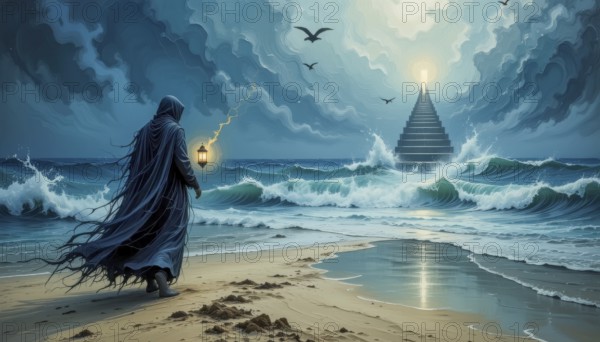 A cloaked figure walks along a beach towards a stairway leading to a bright light in the sky, with stormy waves and birds, AI generated