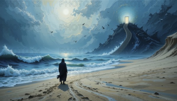 The image depicts a solitary figure on a beach, walking towards a mountain with a glowing door at the top, under a cloudy sky, AI generated