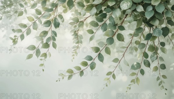 Branches laden with vibrant green leaves gently hang against a blurred, ethereal background. The image evokes a sense of tranquility and the beauty of nature, perfect for various creative projects, AI generated