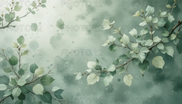 This watercolor artwork features elegant branches adorned with soft green leaves against a dreamy, textured background, evoking a sense of tranquility and natural beauty, AI generated