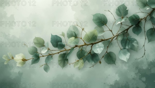 A delicate branch with various shades of green leaves is set against a dreamy, watercolor-textured backdrop, creating a serene and artistic composition, AI generated