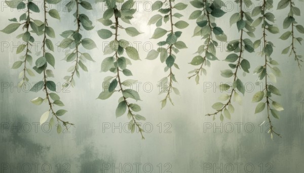 Delicate watercolor painting showcasing hanging leaves with a soft, blurred background, creating a serene and natural aesthetic, AI generated